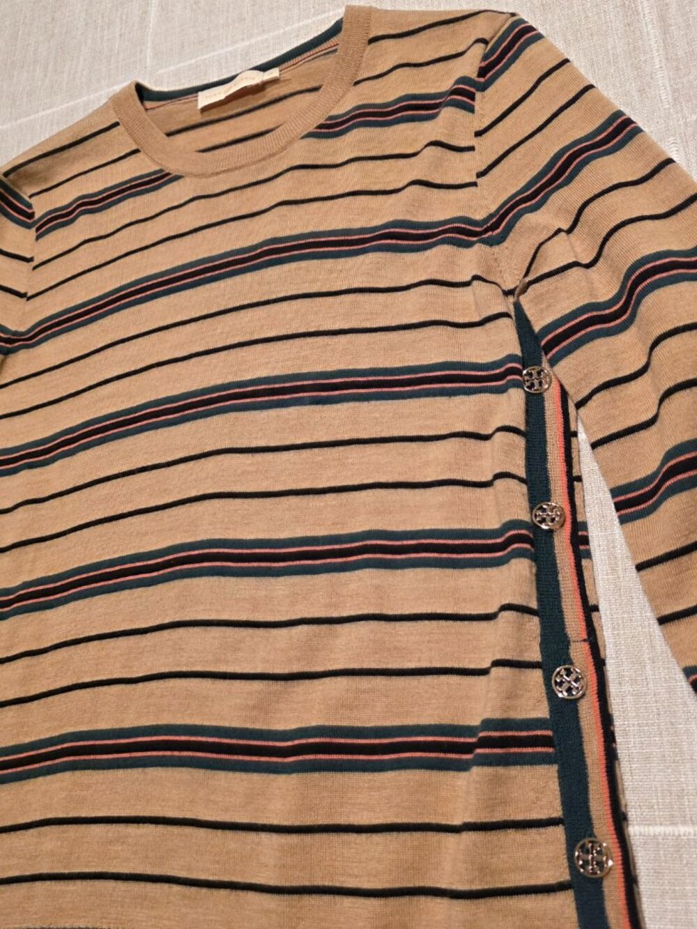 Tory Burch Madeline 100% Merino Wool Striped Sweater Gold Button Accent S - Picture 6 of 10